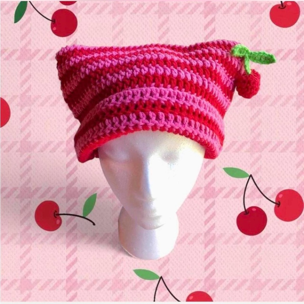 crochet pink and red cherry detail striped cat ear beanie HANDMADE